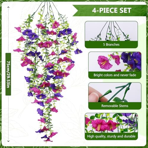 Fake Hanging Plants, Faux Hanging Plant Artificial Greenery for Living Room Bedroom Boho Wall Shelf Indoor Outdoor Decor (4-Pack, Purple Pink Morning Glory) - Image 3