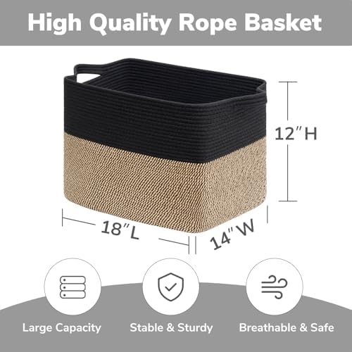 Goodpick 50L Large Woven Storage Basket, 18" x 14" x 12", Black Jute - Image 3
