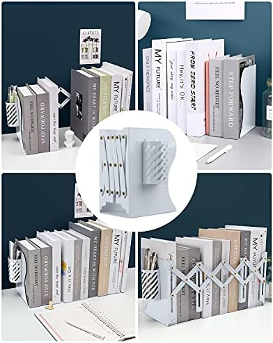 MSDADA Adjustable Bookends, Metal Book Ends for Heavy Books, Expandable Book Organizer with Pen Holder for Desk, Shelf, Office, The First Day of School Stationery Gift for Students,Teachers (White) - Image 7