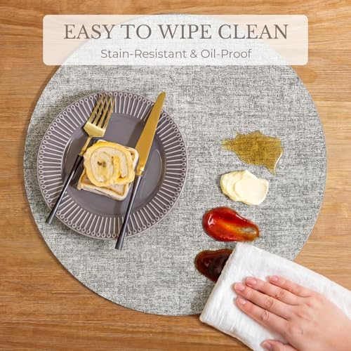 Romanstile Faux Leather Vinyl Round Placemats Set of 8, 13 Inch, Light Grey - Image 6
