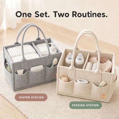 HIPHOP PANDA 2-Pack Diaper Caddy Organizer - Nursery Storage Bin & Car Organizer for Diapers, Wipes, and Baby Essentials - Dual-Color Solid Set (Grey/Oatmeal), Large Size - Image 2