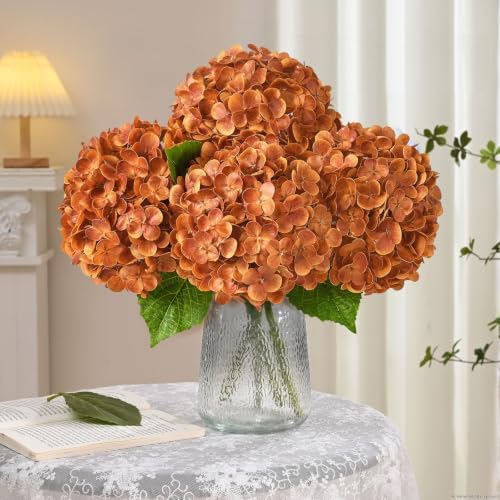 Yastouay 8 Pcs Real Touch Hydrangea Artificial Flowers, Burnt Orange - Image 3