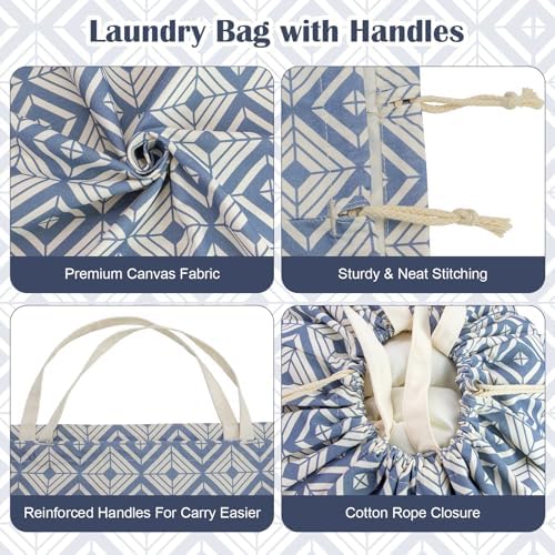 Canvas Laundry Bag with Handles & Drawstring, XL 33"Wx 35"H,Geometry Blue - Image 5