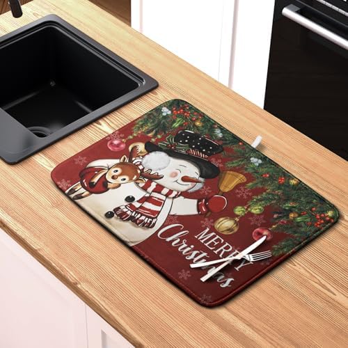 Christmas Dish Drying Mats for Kitchen Counter 16x18 Cute Snowman Red Dish Drying Pad for Dishes Winter Xmas Holiday Dish Draining Mat Absorbent Microfiber Dish Drainer Rack Mats - Image 6