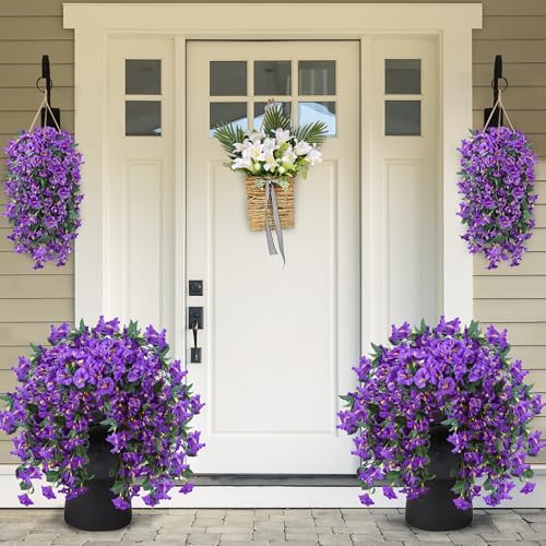 Sggvecsy Artificial Fake Hanging Flowers Plants for Outdoor Outside Spring Summer Decoration 4PCS Faux Silk UV Resistant Realistic Morning Glory Trailing Vines for Home Porch Patio Balcony(Purple) - Image 3
