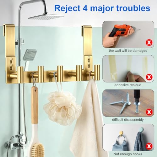 HUFEEOH Over The Door Hooks, 1 Pack Stainless Steel Door Hanger for Towel & Coat, Tool-Free T Shape Bathroom & Dorm Hooks for Hanging (Gold, Fits 3/8" Thick Door - 5 "T“ Hooks) - Image 6