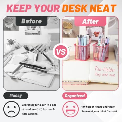 Segarty Pen Cup Holder, 3 Pack Square Dark Pink Pen Holder for Desk, Cute Mesh Pencil Cups Container Set for Office Supply, School Classroom, Home Desktop Storgae and Organization, Brushes Organizer - Image 4