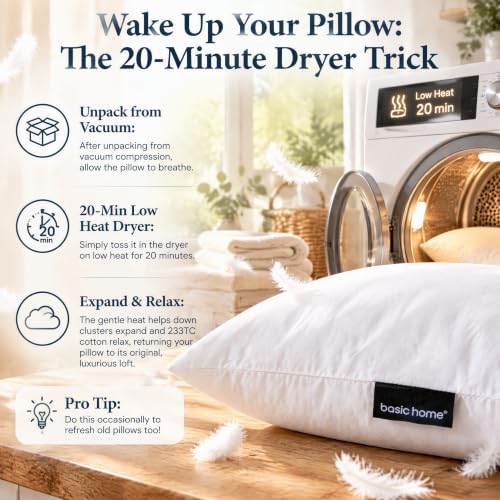 basic home® Hotel-Style 16x16 Goose Feather Pillow Insert for Sofa & Bed - 100% Odorless & Plump Cushion Filler - 233TC Cotton with Inner Liner to Prevent Poking (16x16 Inch) - Image 5