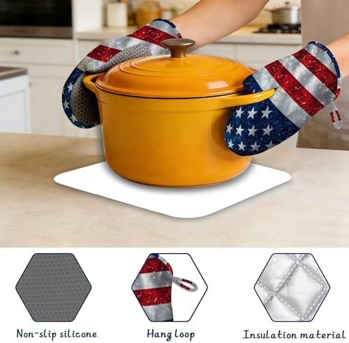 American Flag Oven Mitts and Pot Holders Sets,Extra Long 4th of July Kitchen Mittens for Cooking,Thick Cotton Heat Resistant Silicone Cooking Utensils Set for Baking Cooking Grilling - Image 3