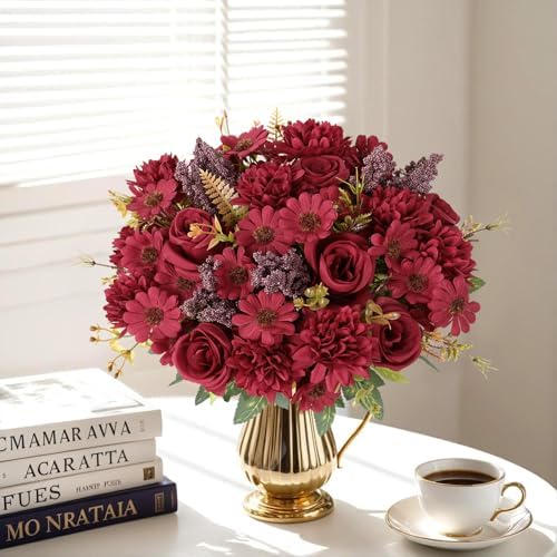 Dremisland Artificial Flowers 2 Bundles Burgundy Fake Roses Silk Bouquets - Image 5