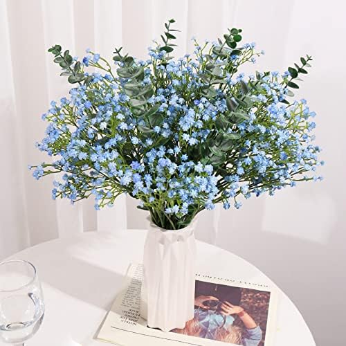 Blue Babys Breath Artificial Flowers with Fake Eucalyptus Leaves, 18Pcs by DEEMEI
