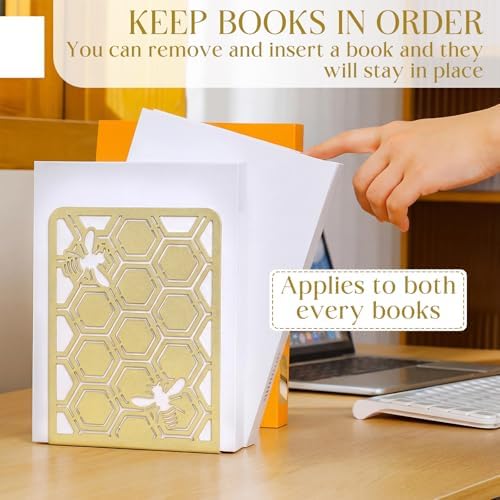 Chunful 6 Pack Gold Metal Honeycomb Bee Bookends Book Stoppers for Shelves - Image 4