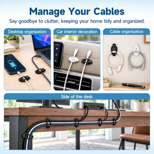 20 Sets Adjustable Cable Management Clips, Self Adhesive Cord Organizer with Elastic Loop, Reusable Cable Holder for Desk, Under Desk, Wall, TV, Office, Home, Charging Cables, USB, HDMI, PC Wires - Image 5