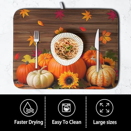 AutumnThanksgiving Pumpkin Dish Drying Mat for Kitchen Counter 16x18 Inch Fall Sunflowers Maple Leaves Harvest Kitchen Drying Mat Microfiber Super Absorbent Dish Rack Drainer Mat with Hanging Loop - Image 4
