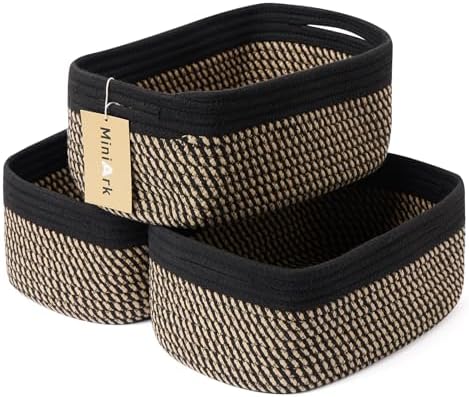 MiniArk Small Storage Baskets for Organizing | Closet Organizer Bins | Shelf Toy Basket | Woven Rope Baskets | Cube Decorative Box | Shallow Basket | 13x8.5x5.1” | 3 Packs Black Brown by MiniArkStorageBasketsHome