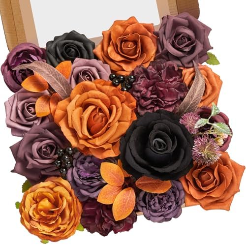 Serwalin Orange Purple Artificial Fall Flowers Combo, Fake Silk Flowers by Serwalin