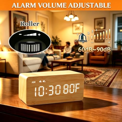 Premium Bamboo Wooden Digital Alarm Clock with Wireless Charging Pad, Time & Temperature Display, Dual Alarms & Snooze, Dimmable, Small LED Desk Clock for Bedroom Nightstand Bedside Living Room Table - Image 5