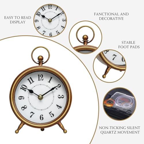EMAX HOME Vintage Small Table Clock on Stand, Decorative Desk and Shelf Clock Farmhouse Mantel Non-Ticking Clock Rustic Metal Frame with Antique Gold Finish 9.3 Inch - Image 6