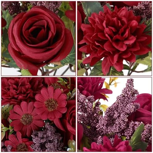 Dremisland Artificial Flowers 2 Bundles Burgundy Fake Roses Silk Bouquets - Image 4