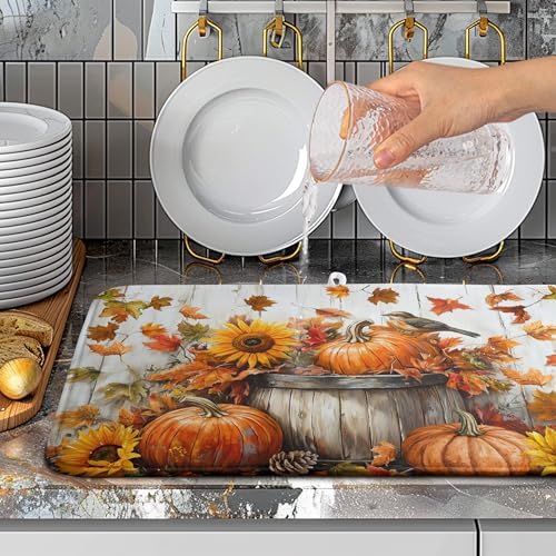 Fall Dish Drying Mat for Kitchen Counter Pumpkin Sunflower Maple Leaf Birds Drying Mats Autumn Thanksgiving Harvest Dish Drainer Mat Absorbent Microfiber Dishes Pad Large 18x24 Inch - Image 5
