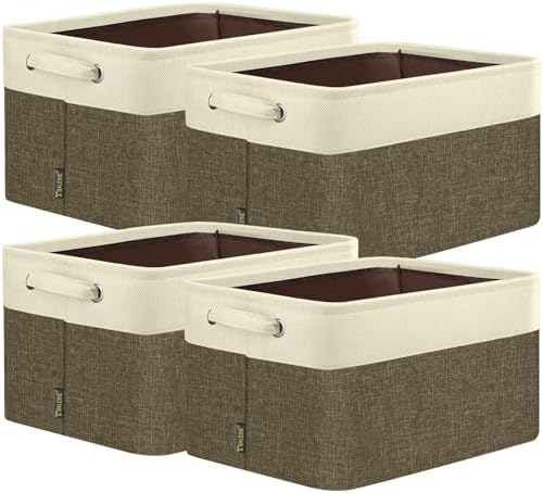 BALEINE 4 Pack Fabric Closet Storage Bins for Shelves, Linen Closet Organizers and Storage, Decorative Baskets for Organizing, Shelf, Clothes, Home, Office (Brown, 14''x10''x8.5'') by BALEINE