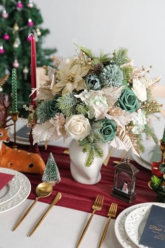 rongflower Christmas Artificial Flowers Greenery Combo Box Set Silk Flowers Fake Rose for DIY Christmas Red Theme Decoration Tree Ornaments, Xmas Wreath Floral Arrangements Party - Image 5