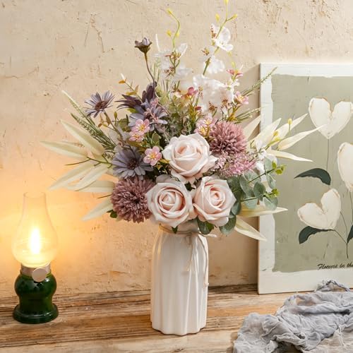 16-inch Artificial Fake Flowers Silk Table Arrangements Faux Plastic Floral Centerpieces for Home Kitchen with Roses, Dandelions, Chrysanthemum, Phalaenopsis, Eucalyptus, Sages, Orchids - Image 6