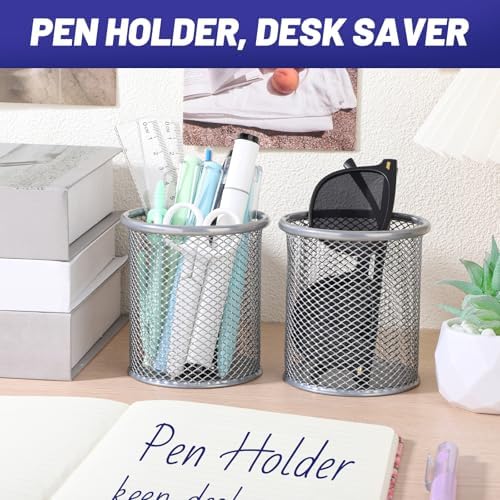 Segarty Pen Holder for Desk, 3 Pack Round Silver Pen Holder, Wire Mesh Pencil Cup Holder Containers Set, Desktop Organizer for Office Supplies, School Classroom, Home, Makeup Brush - Image 5