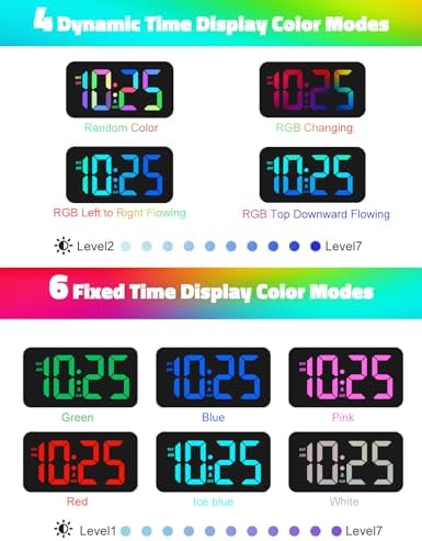 Mesqool Digital Alarm Clock for Bedrooms - Plug-in LED Clock with Dynamic RGB Digits, Dimmable Display & Night Light, 7 Color Options, Adjustable Alarm Volume, DST, 12/24 Hour - Ideal for Kids - Image 2