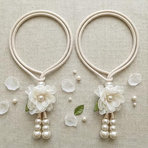 Adjustable Curtain Tiebacks， 4pcs(2pair) Hand-Woven Rope with Silk Flower & Pearl， Decorative Window Cord Holders for Drapery， Long Loop Design for All Curtain Thickness (Ivory White) - Image 7
