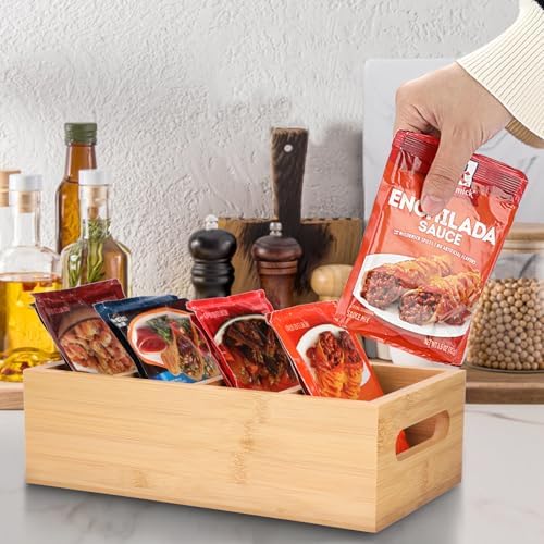 BSTKEY Seasoning Packet Organizer, Food Storage Organizer with 4 Removable Dividers, Bamboo Storage Caddy for Pantry Kitchen Cabinet, Kitchen Organization Bin with Handle for Snacks Spice Packets - Image 6