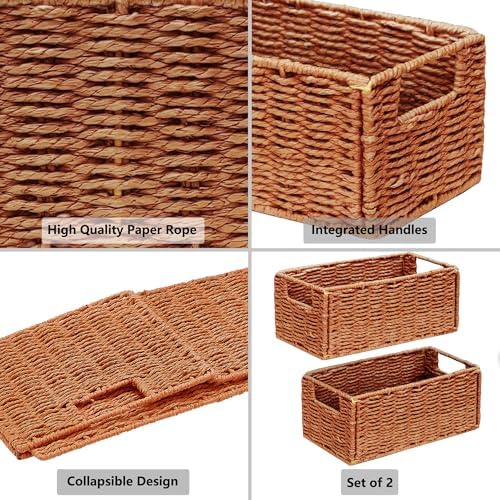 Vagusicc Wicker Storage Basket, Set of 2 Hand-Woven Paper Rope Wicker Basket, Small Storage Baskets for Organizing Toilet Paper, Foldable Small Cube Organizer Bins for Shelves (Orange) - Image 2