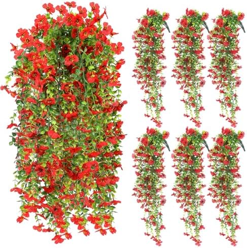 6 Pcs Fall Artificial Hanging Flowers Outdoor, Red by FineCheer