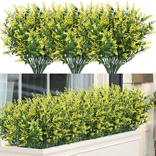16 Bundles Outdoor Artificial Lavender Fake UV Resistant No Fade Flowers Shrubs, Faux Plastic Greenery for Hanging Plants Garden Porch Window Box Home Wedding Decor (Yellow) by ArtBloom