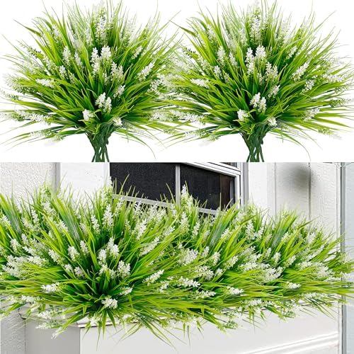 Sggvecsy 12 Bundles Artificial Plants Outdoor Faux Lavender Flowers Fake Monkey Grass UV Resistant Plastic Greenery Plants for Garden Home Porch Window Patio Hanging Planter Indoor Decor (White) by Sggvecsy