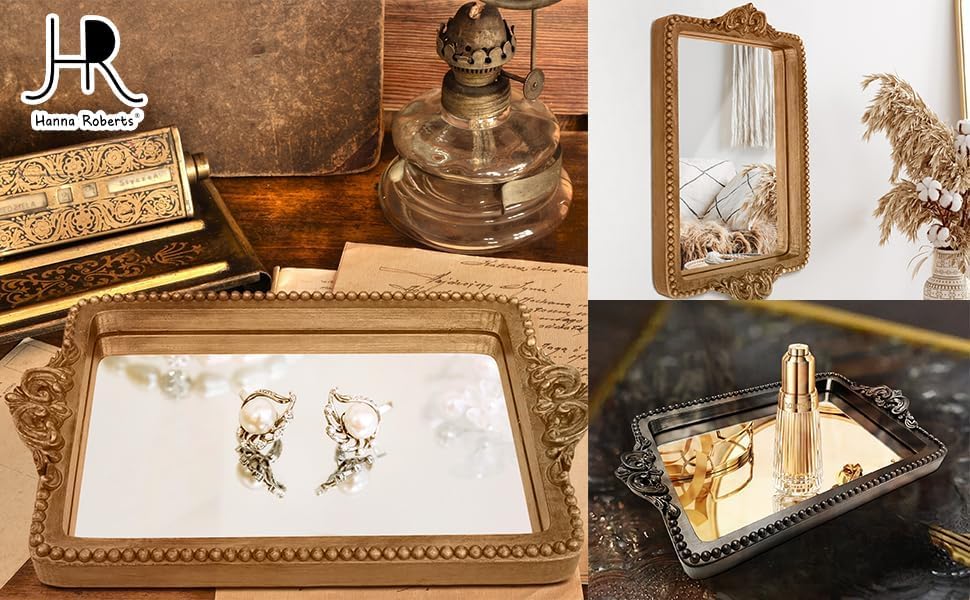 Hanna Roberts Vintage Gold Tray with Mirror Glass Base | Card Holder for Guests During Occasions and Events or Decorative Home and Vanity Organizer (Gold) - Image 5