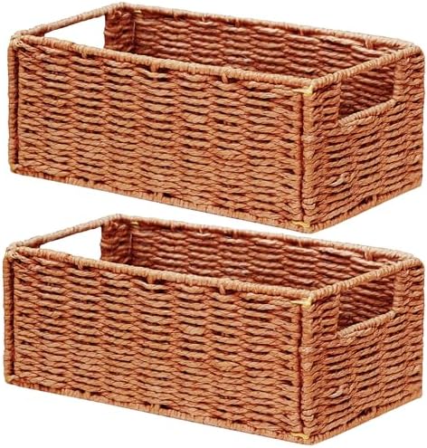 Vagusicc Wicker Storage Basket, Set of 2 Hand-Woven Paper Rope Wicker Basket, Small Storage Baskets for Organizing Toilet Paper, Foldable Small Cube Organizer Bins for Shelves (Orange) by Vagusicc