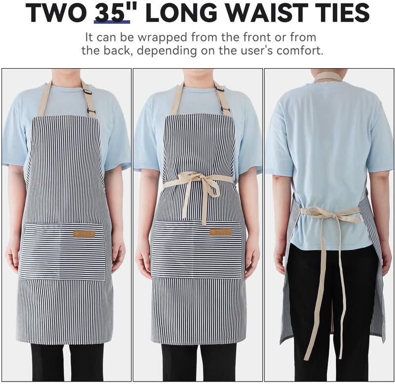 NLUS 2 Pack Kitchen Cooking Aprons, Adjustable Bib Soft Chef Apron with 2 Pockets for Men Women (Blue Pinstripes/Pink Pinstripes) - Image 5