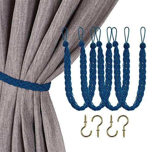 Home Queen Hand Braided Curtain Tieback, Buckle Drapery Curtain Tie Back, 4 Rope Belt Curtain Tie with 4 Metal Hooks, Navy by HomeQueen