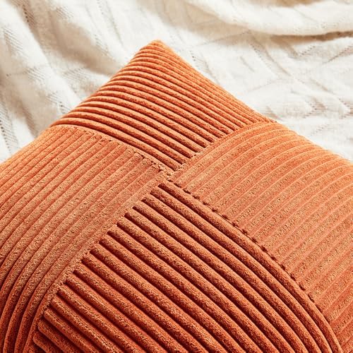 Fancy Homi Set of 2 Burnt Orange Decorative Throw Pillow Covers 24x24 Inch for Living Room Couch Bed, Boho Farmhouse Fall Home Decor, Soft Corss Corduroy Patchwork Textured Cushion Case 60x60 cm - Image 4