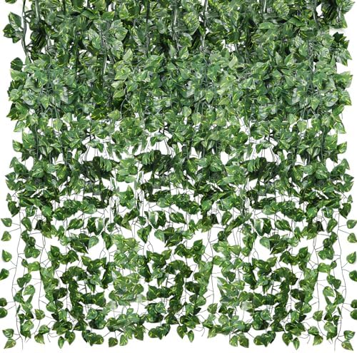 CEWOR 48 Pack 7 Feet Artificial Ivy Garlands, Fake Vines Greenery Hanging Plants Green Leaves Backdrop for Room Bedroom Wall Decor, Jungle Themed Party Wedding Decorations by CEWOR