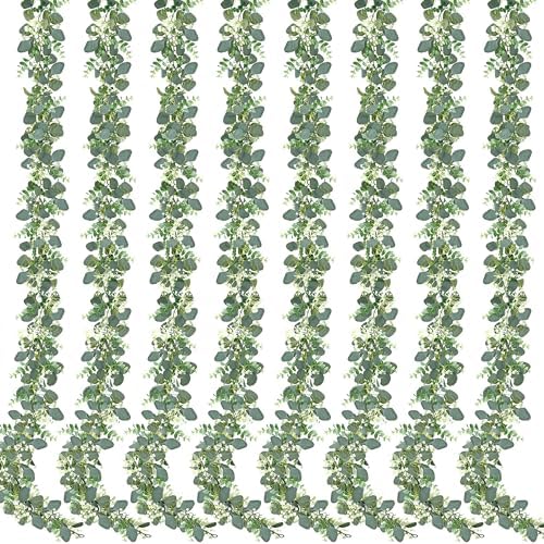 Sggvecsy 8 Pack Artificial Eucalyptus Garland Eucalyptus Leaves Vines Greenery Garland Faux Silver Dollar Eucalyptus Leaves for Table Party Wedding Indoor Outdoor Home Mantle Wall Decor by Sggvecsy