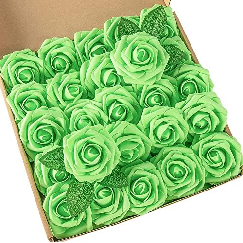 DuHouse 25Pcs Artificial Flowers Foam Roses with Stems(Light Green) by DuHouse