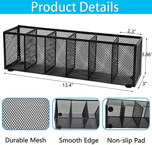 Black Mesh Pen Pencil Holder, Small Metal Desk Organizer Desktop Stationery Office Supplies Acessories Storage Stand, 6 Compartments Brushes Holder for Home School Classroom Teachers - Image 2