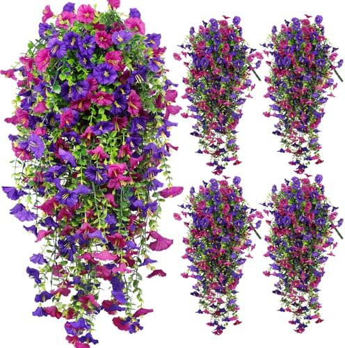 Fake Hanging Plants, Faux Hanging Plant Artificial Greenery for Living Room Bedroom Boho Wall Shelf Indoor Outdoor Decor (4-Pack, Purple Pink Morning Glory) by Unknown