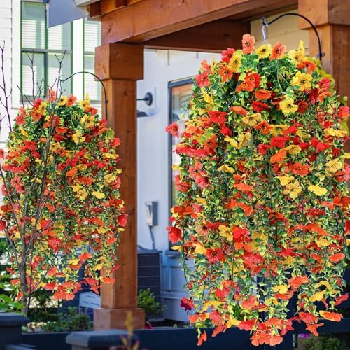 6 Pcs Fall Artificial Hanging Flower Outdoor, Red, Yellow, Orange - Image 3