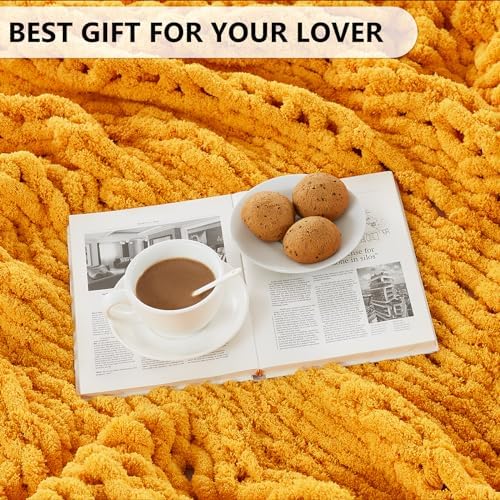 L'AGRATY Chunky Knit Throw Blanket for Couch, 50 x 60 Inches Mustard Yellow - Image 6