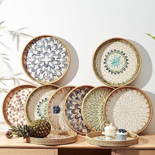 Kmelep Round Rattan Tray with Mother of Pearl Inlay, Rattan Serving Tray with Wooden Base, Decorative Wicker Basket for Table Decor, Storage and Display of Coffee Bread Food Fruit (Leaf 2) - Image 5
