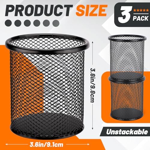 Segarty Pen Holder, 3 Pack Round Black Pen Cup Holder for Desk, Wire Mesh Pencil Containers Set for Office Supplies, School Maker, Home Desktop Accessories Organizer, Makeup Brush - Image 2