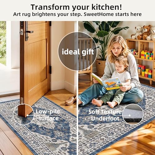 Washable 4-Piece Kitchen Floor Mats: Farmhouse Non-Slip Kitchen Sink Rug Easy Clean Water-Resistant Runners for Hallway Bathroom Soft Decorative Carpet for Pet Feeding Area(2x3+2x4+2x5+2x6,Blue) - Image 4